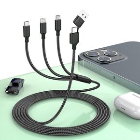 Multi 5 in 1 Universal USB Fast Charging Cable,1.8M/6FT USB A/Type C to Lightning +Type C+Micro USB Nylon Braided Sync Charger Cord Adapter for Android/iPhone13/Apple/iOS/Samsung/Huawei/XiaoMi-Black