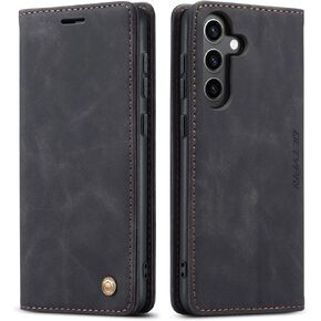 QLTYPRI Case for Samsung Galaxy S25, Vintage PU Leather Wallet Case Card Slot Kickstand Magnetic Closure Shockproof Flip Folio Case Cover for Samsung Galaxy S25 - Black