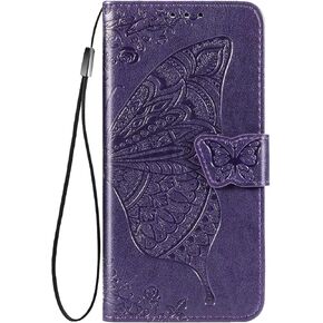 Galaxy A14 5G Wallet Case, [Butterfly & Flower Embossed] Leather Wallet Case Flip Protective Phone Cover with Card Slots and Kickstand for Samsung Galaxy A14 5G (Purple)