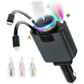 Retractable Car Charger with Aromatherapy and Starlight, 5 in 1 USB C Car Charger for iPhone 16 15 14 13 12 11, Valentines Gifts for Women Men, Fast Charging Compatible with iPhone Android (Black)