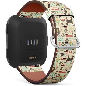 Compatible with Fitbit Versa, Versa 2, Versa Lite - Quick Release Leather Wristband Bracelet Replacement Accessory Band - Retro Dog