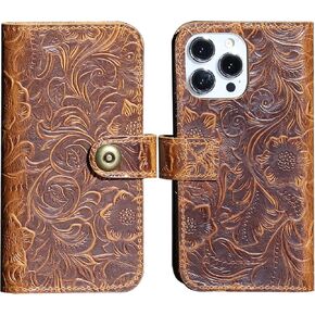 Wallet case Compatible iPhone 16 pro Max Real Leather 6.9 in Case,Genuine Leather Detachable Shockproof Case,Flip Folio Cover with Card Slot,Flower Brown