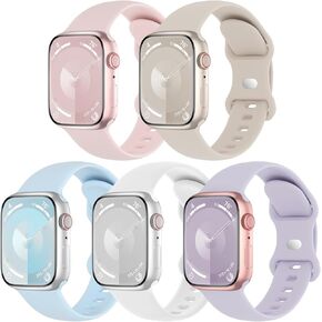 5 Pack Sport Silicone Compatible with Apple Watch Band 38mm 40mm 41mm 42mm 44mm 45mm 46mm 49mm, Soft Waterproof Strap Wristbands for iWatch Ultra/2 Series 10/9/8/SE/7/6/5/4/3/2/1 Women Men