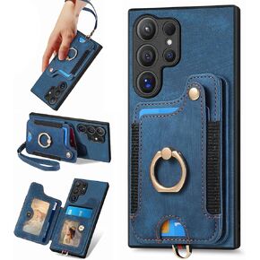 for Samsung Galaxy S25 Ultra Case with Card Holder for Woman Man,PU Leather Flip Folio Wallet Case,RFID Blocking Ring Holder Kickstand Wrist Strap Magnetic Protective Cover for Galaxy S25 Ultra Purple