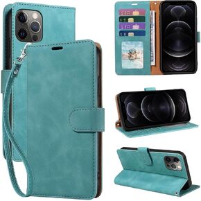 Phone Case for iPhone 12/12 Pro 6.1inch, RFID Blocking 4 Card Slots Holder, Wrist Strap, Shockproof Protective Stand Soft Leather Folio Flip Phone Cover (Green)