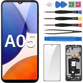 for Samsung Galaxy A05 Screen Replacement LCD Display Touch Digitizer Full Assembly with Frame Side Button Ear Speaker Vibration Motor Glass Repair Tools Kit SM-A055F (A055F/DS A055M/DS)