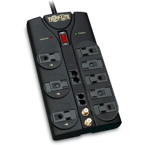 Tripp Lite 8 Outlet Surge Protector Power Strip, 10ft Cord, Right-Angle Plug, Tel/Modem/Coax/Ethernet Protection, RJ11, RJ45, & $250,000 INSURANCE (TLP810NET) Grey