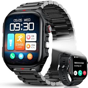 Smart Watch Sport Military for Men, Smartwatch Bluetooth Answer/Dial Call 2.01" Large Screen Outdoor 100 Sports Fitness Tracker Male 400 mAh Large Battery Flashlight Two Straps for Android/ios
