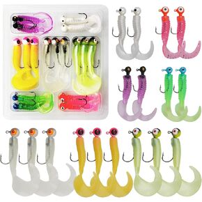 Grub Lures Fishing Jigs Head Hooks Kit Crappie Jigs Lures Soft Plastic Fishing Lure with Jig Head Hooks Worm Baits for Crappie Bass Trout Walleye Saltwater Freshwater Fishing 17pcs