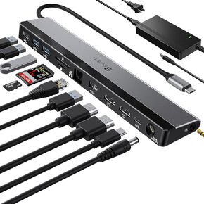 2025 Updated Universal Docking Station 100W PD Charger - Supports 3 Displays, Dual Monitor Laptop Hub for Mac&PC, USB-C VMM Support Multi Port - USB C USB A HDMI 1Gbps Ethernet Micro SD/TF& Audio Port