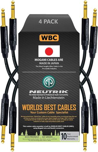 Best Worlds Best Cables 4 وحدات - 1 قدم - CABLE TRS المتوازن مصنوعة مخصصة باستخدام سلك Mogami 2549 (أسود) و Neutrik NP3X -B Gold TRS STESTER in Kuwait