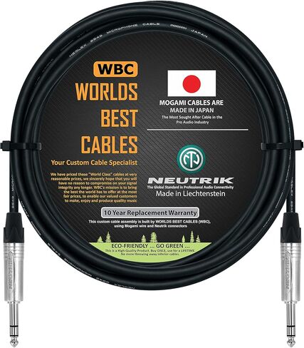 أفضل كابلات في العالم 15 قدمًا - كابل تصحيح TRS متوازن مصنوع مخصصًا باستخدام سلك Mogami 2549 (أسود) ومقابس استريو NETRIK NP3X TRS in Kuwait