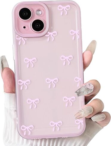 NITITOP Compatible with iPhone 15 Plus Case Cute Clear Pink Durable Ribbon Bowknot Pattern for Girls Women Soft TPU Transparent Full Camera Lens Shockproof Protective Phone Cover - Pink in Kuwait
