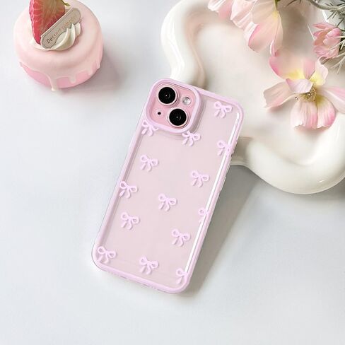 NITITOP Compatible with iPhone 15 Plus Case Cute Clear Pink Durable Ribbon Bowknot Pattern for Girls Women Soft TPU Transparent Full Camera Lens Shockproof Protective Phone Cover - Pink in Kuwait