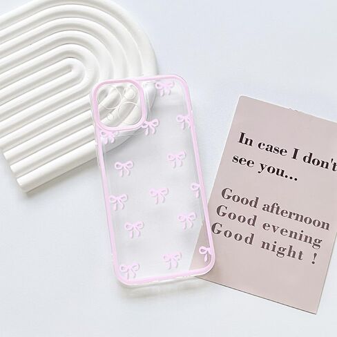 NITITOP Compatible with iPhone 15 Plus Case Cute Clear Pink Durable Ribbon Bowknot Pattern for Girls Women Soft TPU Transparent Full Camera Lens Shockproof Protective Phone Cover - Pink in Kuwait