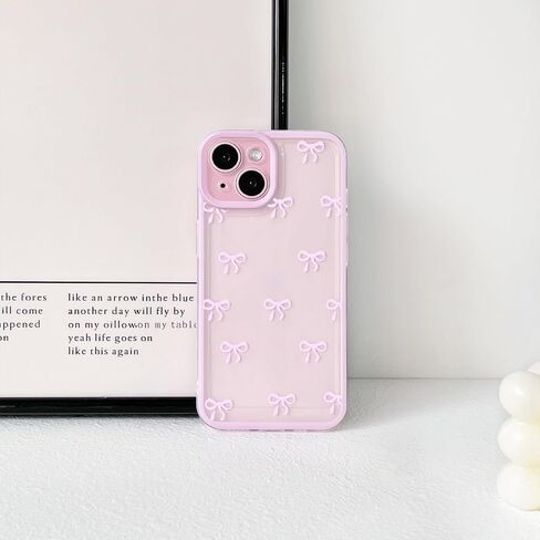 NITITOP Compatible with iPhone 15 Plus Case Cute Clear Pink Durable Ribbon Bowknot Pattern for Girls Women Soft TPU Transparent Full Camera Lens Shockproof Protective Phone Cover - Pink in Kuwait