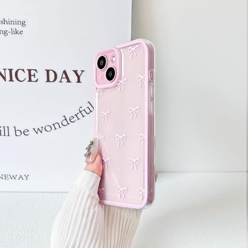 NITITOP Compatible with iPhone 15 Plus Case Cute Clear Pink Durable Ribbon Bowknot Pattern for Girls Women Soft TPU Transparent Full Camera Lens Shockproof Protective Phone Cover - Pink in Kuwait