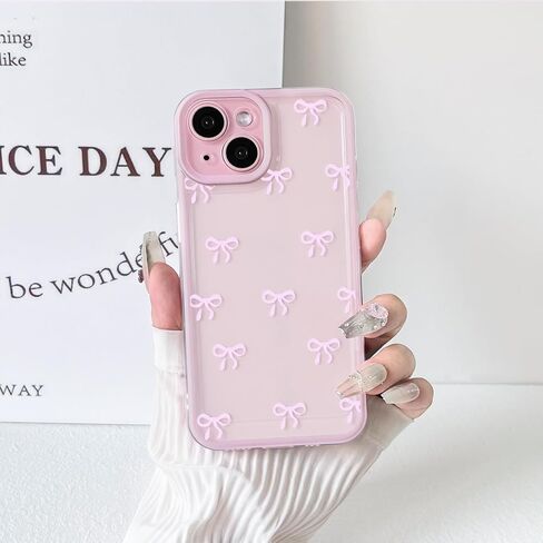 NITITOP Compatible with iPhone 15 Plus Case Cute Clear Pink Durable Ribbon Bowknot Pattern for Girls Women Soft TPU Transparent Full Camera Lens Shockproof Protective Phone Cover - Pink in Kuwait