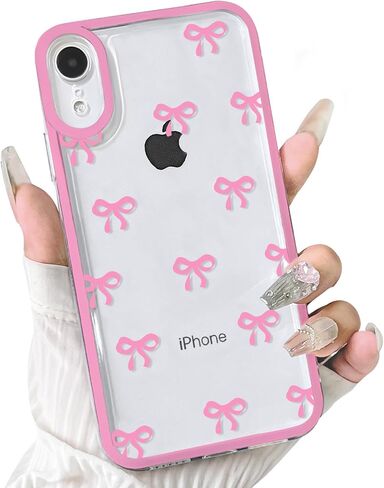 NITITOP Compatible with iPhone 15 Plus Case Cute Clear Pink Durable Ribbon Bowknot Pattern for Girls Women Soft TPU Transparent Full Camera Lens Shockproof Protective Phone Cover - Pink in Kuwait
