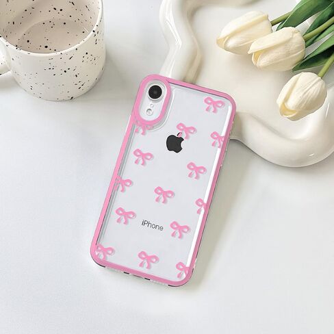 NITITOP Compatible with iPhone 15 Plus Case Cute Clear Pink Durable Ribbon Bowknot Pattern for Girls Women Soft TPU Transparent Full Camera Lens Shockproof Protective Phone Cover - Pink in Kuwait