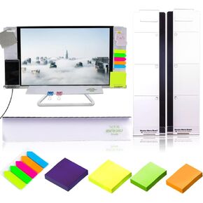 DailyTreasures Acrylic Monitor Memo Board, 2pcs Computer Monitor Side Panel(Left+Right),1pcs Message Memo Pad Shelve + 4Pcs Sticky Notes & 1 Sheet Index Tab for Office Home Desk Organizer Phone Holder