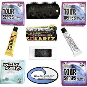 MoeSurfing Sticky Bumps Wax Plus Solarez UV Cure Resin Ding Repair Kit, 3 Bars Tour Series Cool/Cold Wax and 1 Bar Base Coat Plus a Flexcomb to Clean Your Board