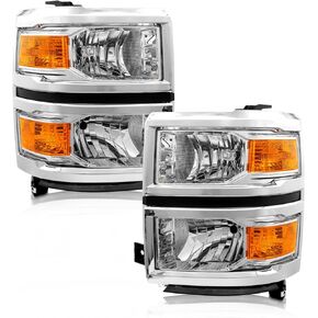 for 2014 2015 Chevy Silverado 1500 Headlight Assembly Chrome Housing with Amber Reflector Left and Right Pair
