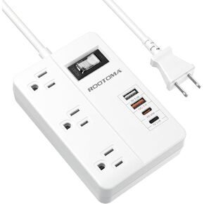 سلك تمديد ذو شقين مع USB-C، محول مخرج ROOTOMA ذو شقين إلى 3 شقوق، 3 منافذ و4 محطة شحن USB، محول 3 شقوق 4 أقدام، غير مؤرض، لمنفذ ذو شقين مستقطب، منزل قديم، أبيض