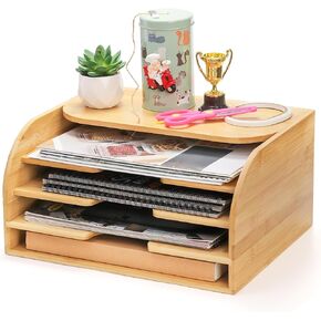 Jucoan Bamboo Countertop File Organizer 4 Slot Vertical Wall Mounted Hanging File Holder, Desktop File Documents Magazine Organizer Stand for Home Office School Organization No Assembly Required