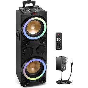 Pyle 10'' Portable Bluetooth Speaker System - Karaoke Speaker w/LED Lights, USB/Micro SD/FM/BT/Aux/Remote Control/Mic & Guitar Inputs, Built-in Rechargeable Battery w/Wheels & Handle Bar