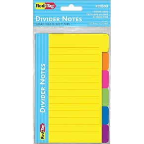 Redi-Tag Divider Sticky Notes, Tabbed Self-Stick Lined Note Pad, 60 Ruled Notes, 4 x 6 Inches, Assorted Neon Colors (29500)