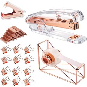 مجموعة لوازم مكتبية باللون الذهبي الوردي - دباسة، وموزع أشرطة، ومزيل دبابيس مع 1000 دبوس و12 مشبك، وإكسسوارات وديكورات مكتبية فاخرة من الأكريليك باللون الذهبي الوردي in Kuwait