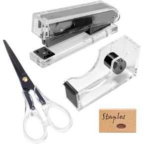 Clear Black Acrylic Stapler Tape Dispenser Scissors Set with Tape N 950Pcs 24/6 Rose Gold Staples, Heavy Duty Acrylic Stationery Desk Set School Home N Office Supplies (Black)