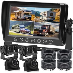 Wired Backup Camera System with 9’’ IPS 4 Split Monitor + 4 Cameras with Rear View Camera, with Side Front View Camera 18 IR Night Vision Waterproof for RV, Trailer, Bus, Trucks BX94