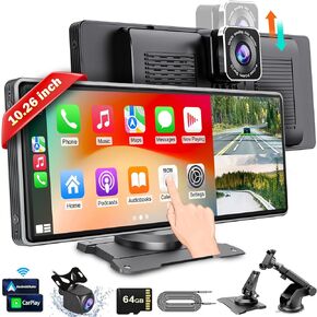 Wireless CarPlay Car Stereo for Apple,10.26 inch CarPlay and Android Auto Screen for Car,with Backup Camera,2.5K Dash Cam,Bluetooth/FM,Voice Control, GPS Navigation for All Vehicles