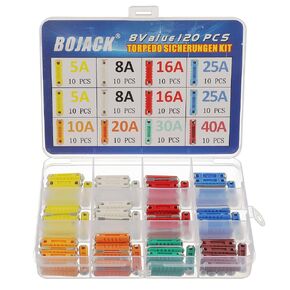 BOJACK 8 Types 120pcs Torpedo Fuses Set Torpedo Shaped Fuses Automotive Fuse 5A 8A 10A 16A 20A 25A 30A 40A for Protect Automotive Circuits with a Hard Plastic Box for Old Style Classic Cars