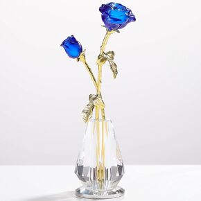 Crystal Rose Figurines Home Decor, Blue Glass Roses with Stems, Glass Flowers Collectible Figurines Crystal Rose Flower Gifts for Women on Mother's Day Valentine's Day