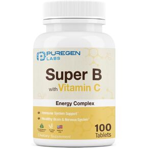 Puregen Labs Super B Energy Complex with Vitamin C - Immune Health, Energy & Nervous System Support - Non-GMO, Gluten-Free 100 Vegetarian Tablets
