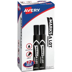 AVERY Large Black Permanent Marker with Thick Chisel Tip for Calligraphy, Fabric, Desk Work, Pack of 12 (08888)