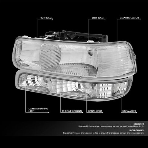 DNA MOTORING HL-OH-CS99-4P-CH-CL1 المصابيح الأمامية المصنوعة من الكروم متوافقة مع 99-02 Silverado 00-06 Suburban/Tahoe مصابيح المصد السفلية تناسب OE Grill in Kuwait