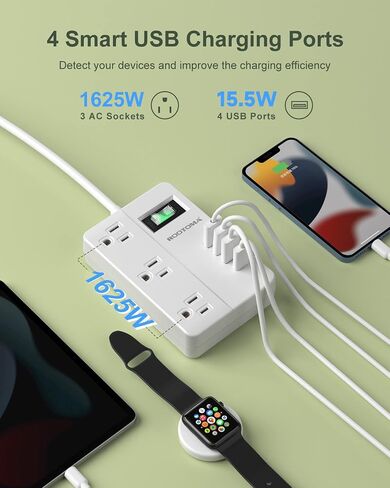 سلك تمديد ذو شقين مع USB-C، محول مخرج ROOTOMA ذو شقين إلى 3 شقوق، 3 منافذ و4 محطة شحن USB، محول 3 شقوق 4 أقدام، غير مؤرض، لمنفذ ذو شقين مستقطب، منزل قديم، أبيض in Kuwait