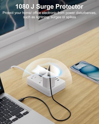 سلك تمديد ذو شقين مع USB-C، محول مخرج ROOTOMA ذو شقين إلى 3 شقوق، 3 منافذ و4 محطة شحن USB، محول 3 شقوق 4 أقدام، غير مؤرض، لمنفذ ذو شقين مستقطب، منزل قديم، أبيض in Kuwait