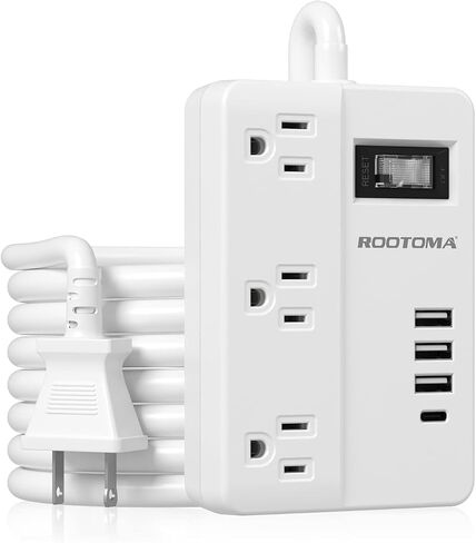 سلك تمديد ذو شقين مع USB-C، محول مخرج ROOTOMA ذو شقين إلى 3 شقوق، 3 منافذ و4 محطة شحن USB، محول 3 شقوق 4 أقدام، غير مؤرض، لمنفذ ذو شقين مستقطب، منزل قديم، أبيض in Kuwait
