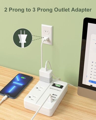 سلك تمديد ذو شقين مع USB-C، محول مخرج ROOTOMA ذو شقين إلى 3 شقوق، 3 منافذ و4 محطة شحن USB، محول 3 شقوق 4 أقدام، غير مؤرض، لمنفذ ذو شقين مستقطب، منزل قديم، أبيض in Kuwait