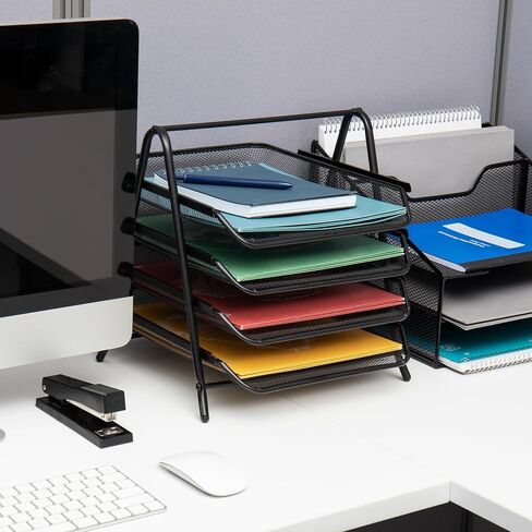 Mind Reader 4-Tier Paper Tray, Desktop Organizer, File Storage, Office, Metal Mesh, 12"L x 13.75"W x 12.5"H, Silver in Saudi Arabia