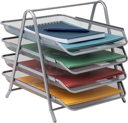 Mind Reader 4-Tier Paper Tray, Desktop Organizer, File Storage, Office, Metal Mesh, 12"L x 13.75"W x 12.5"H, Silver in Saudi Arabia