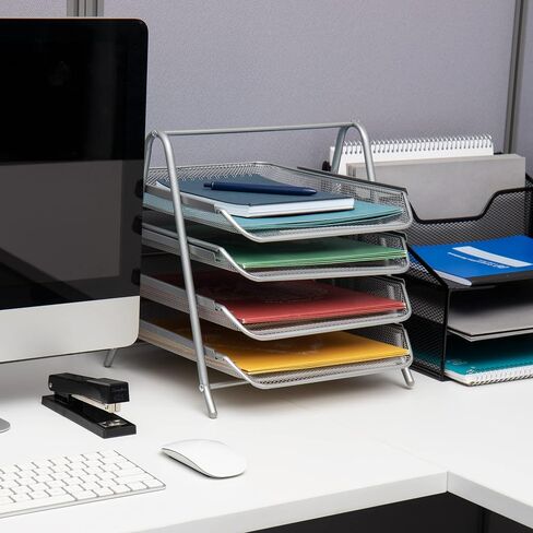 Mind Reader 4-Tier Paper Tray, Desktop Organizer, File Storage, Office, Metal Mesh, 12"L x 13.75"W x 12.5"H, Silver in Saudi Arabia