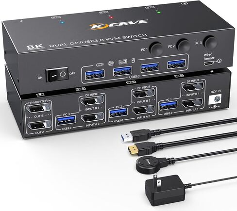 مفتاح KVM بشاشة مزدوجة، محول USB 3.0 Displayport KVM 2 شاشات 3 أجهزة كمبيوتر 8K@30 هرتز 4K@144 هرتز، 3 أجهزة كمبيوتر تشارك شاشتين و4 أجهزة USB 3.0، جهاز تحكم سلكي وكابلات متضمنة in Kuwait