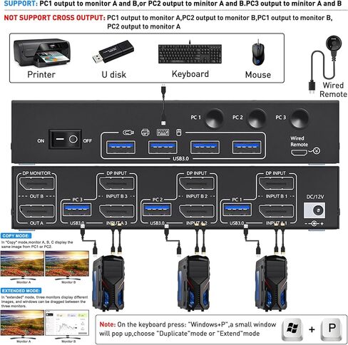 مفتاح KVM بشاشة مزدوجة، محول USB 3.0 Displayport KVM 2 شاشات 3 أجهزة كمبيوتر 8K@30 هرتز 4K@144 هرتز، 3 أجهزة كمبيوتر تشارك شاشتين و4 أجهزة USB 3.0، جهاز تحكم سلكي وكابلات متضمنة in Kuwait