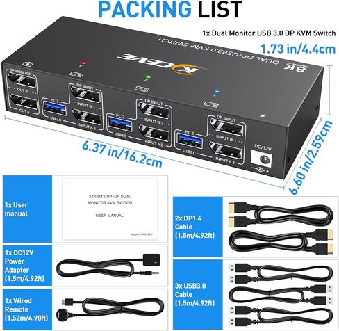 مفتاح KVM بشاشة مزدوجة، محول USB 3.0 Displayport KVM 2 شاشات 3 أجهزة كمبيوتر 8K@30 هرتز 4K@144 هرتز، 3 أجهزة كمبيوتر تشارك شاشتين و4 أجهزة USB 3.0، جهاز تحكم سلكي وكابلات متضمنة in Kuwait